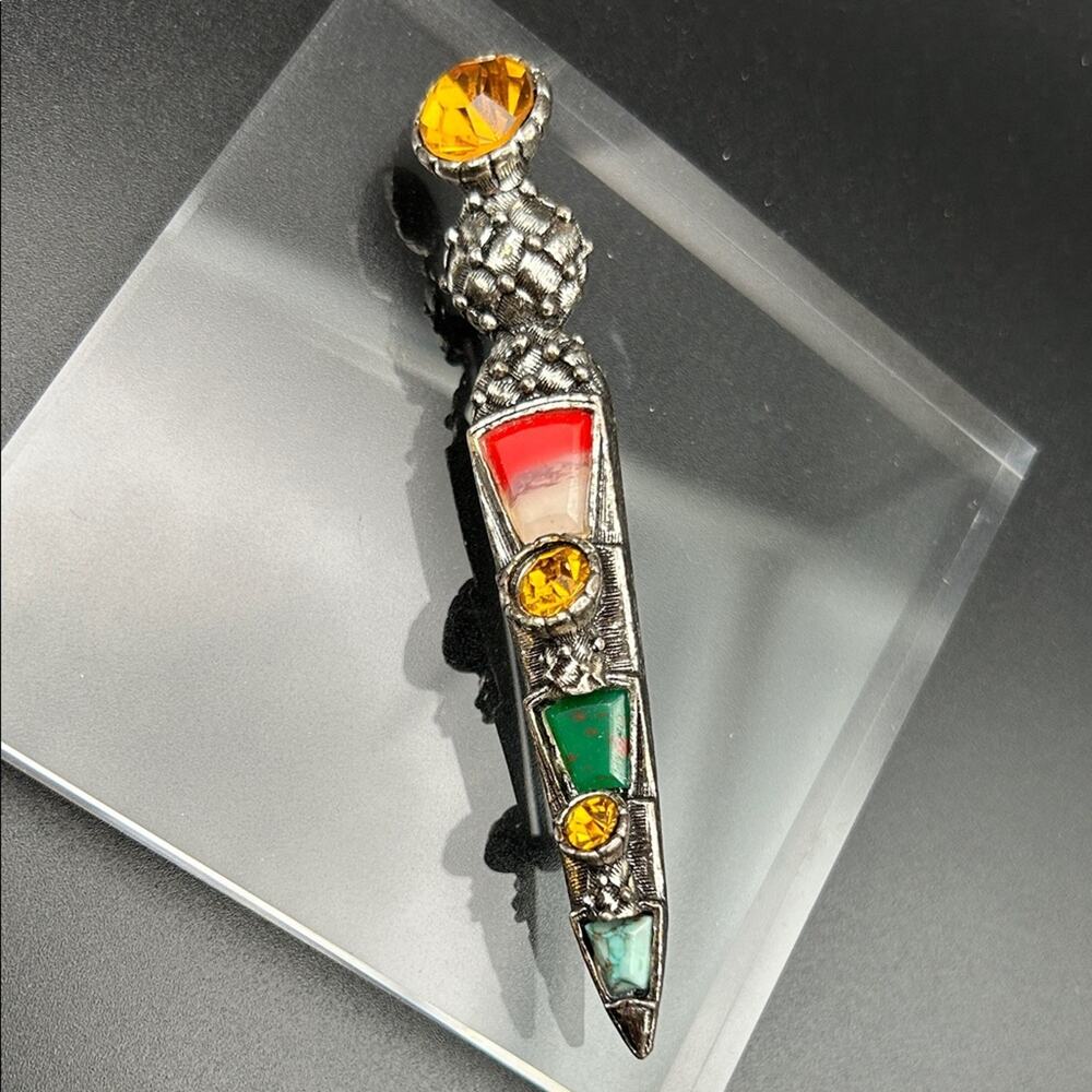 Miracle Celtic Dagger Brooch Pin #639  Stone Inlay & Amber colored Rhinestones
